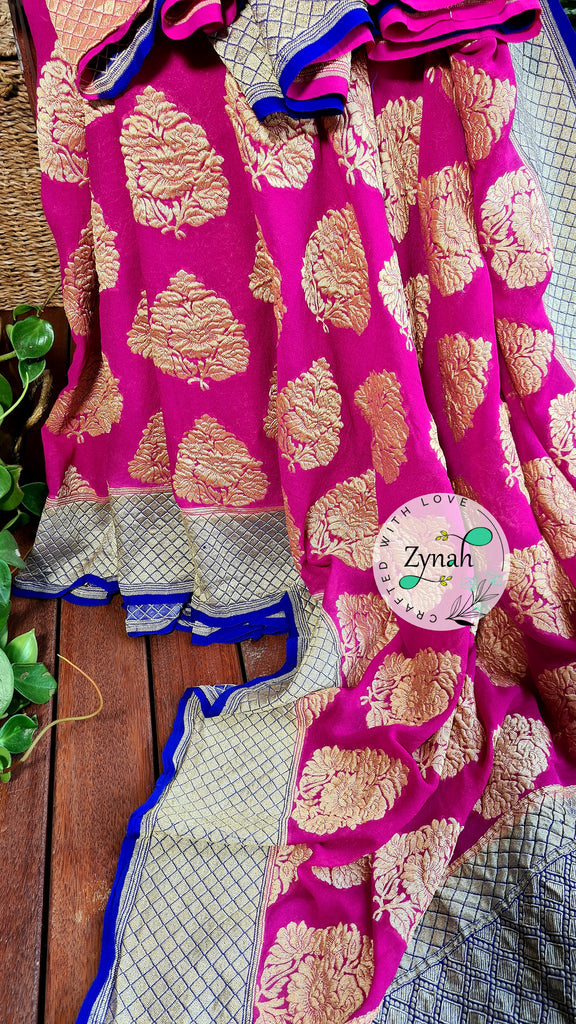 Zynah Pure Handloom Banarasi Khaddi Georgette Saree, Golden Zari Weave; Custom Stitched/Ready-made Blouse, Fall, Petticoat; Shipping available USA, Worldwide