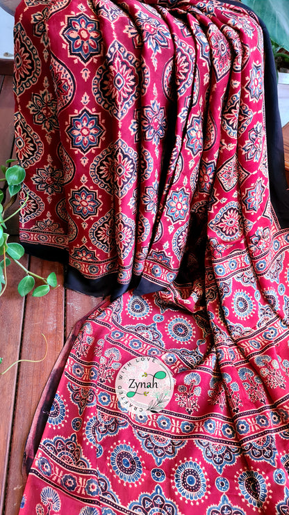Zynah Pure Modal Silk Ajrakh Saree with Handblock Prints; Custom Stitched/Ready-made Blouse, Fall, Petticoat; Shipping available USA, Worldwide