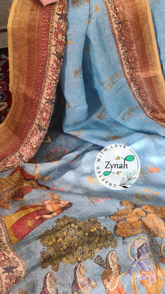 Zynah Organic Pure Linen by Linen(120c) Saree with Digital Kalamkari Prints; Custom Stitched/Ready-made Blouse, Fall, Petticoat; Shipping available USA, Worldwide