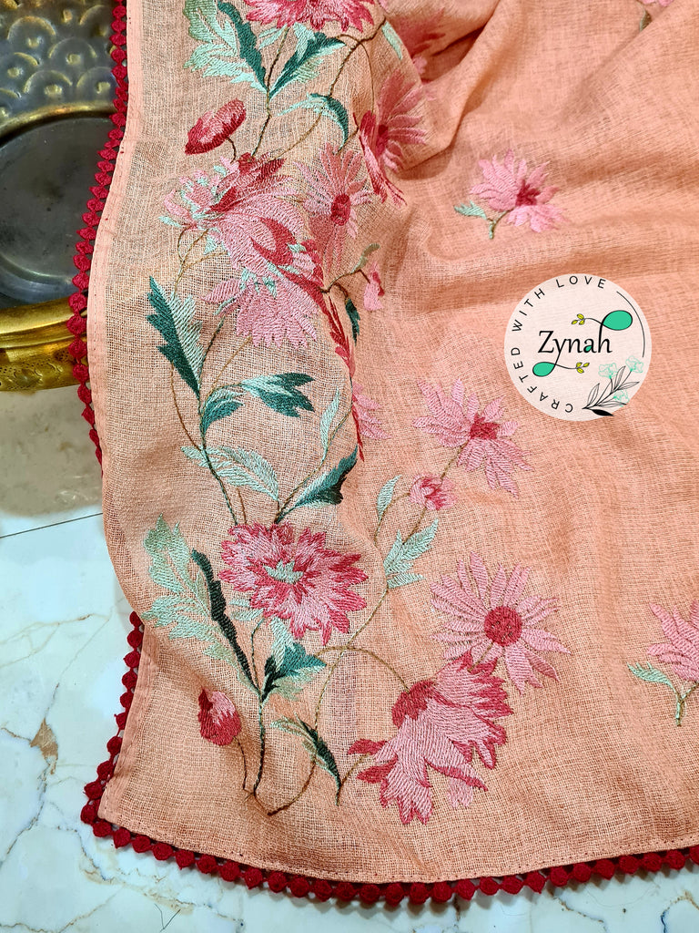 Zynah Pure Jute Muslin Embroidery Saree with Crochet lace; Custom Stitched/Ready-made Blouse, Fall, Petticoat; Shipping available USA, Worldwide