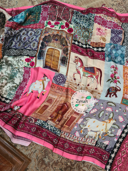 Zynah Pure Gajji Silk Pichwai Print Saree with tissue zari pallu; Custom Stitched/Ready-made Blouse, Fall, Petticoat; Shipping available USA, Worldwide