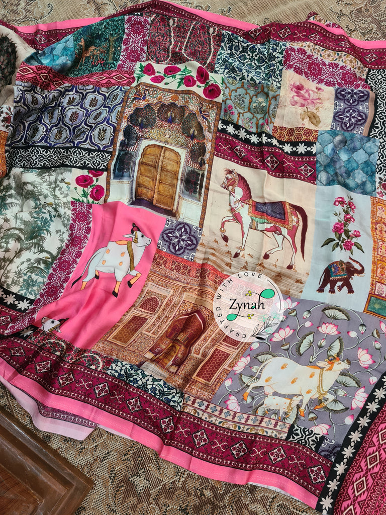 Zynah Pure Gajji Silk Pichwai Print Saree with tissue zari pallu; Custom Stitched/Ready-made Blouse, Fall, Petticoat; Shipping available USA, Worldwide