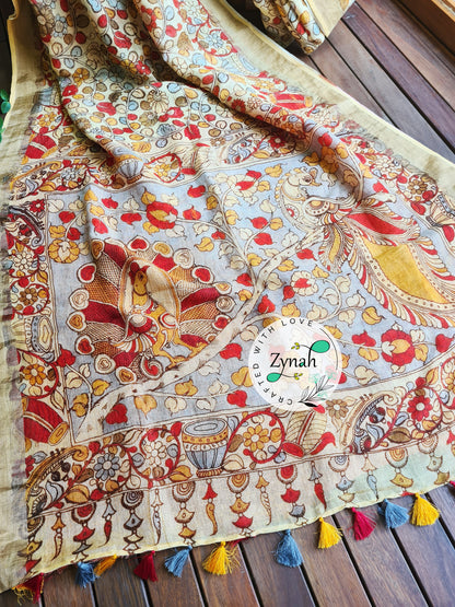 Zynah Kalamkari Organic Lab Tested 120 Count pure 'Linen by Linen' Saree; Custom Stitched/Ready-made Blouse, Fall, Petticoat; Shipping available USA, Worldwide