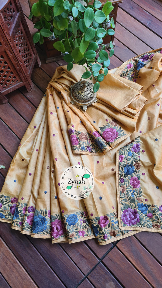 Zynah Made to Order Pure Tussar Silk Parsi Gara Handcrafted Saree; Custom Stitched/Ready-made Blouse, Fall, Petticoat; Shipping available USA, Worldwide