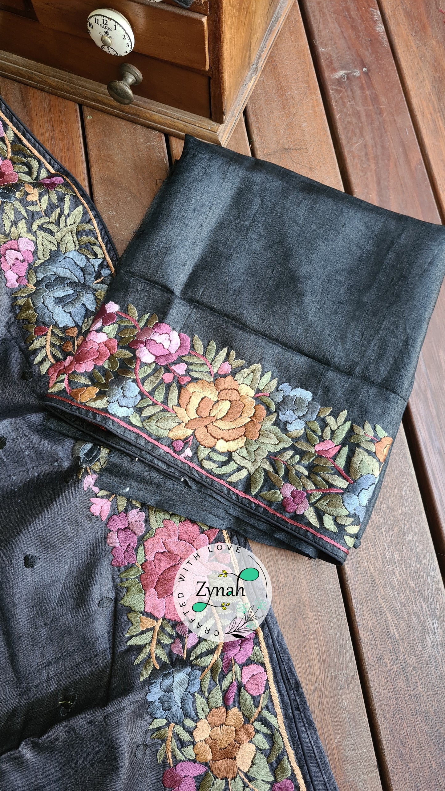 Zynah Made to Order Pure Tussar Silk Parsi Gara Handcrafted Saree; Custom Stitched/Ready-made Blouse, Fall, Petticoat; Shipping available USA, Worldwide
