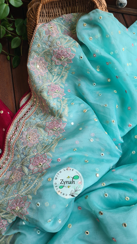 Zynah Pure Organza Silk Saree with Foil Mirror Work & Thread Embroidery; Custom Stitched/Ready-made Blouse, Fall, Petticoat; Shipping available USA, Worldwide