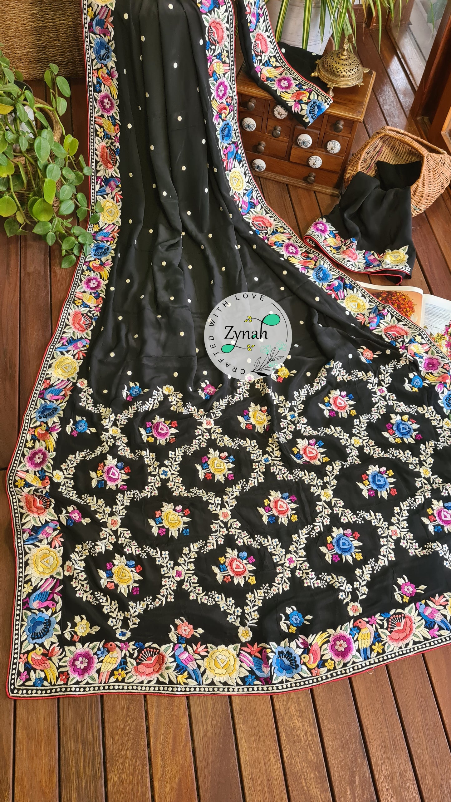 Zynah Pure Crepe Silk Parsi Gara Handcrafted Saree; Custom Stitched/Ready-made Blouse, Fall, Petticoat; Shipping available USA, Worldwide