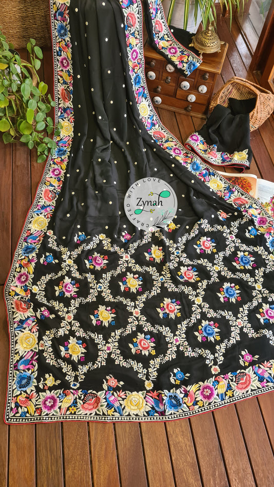 Zynah Pure Crepe Silk Parsi Gara Handcrafted Saree; Custom Stitched/Ready-made Blouse, Fall, Petticoat; Shipping available USA, Worldwide