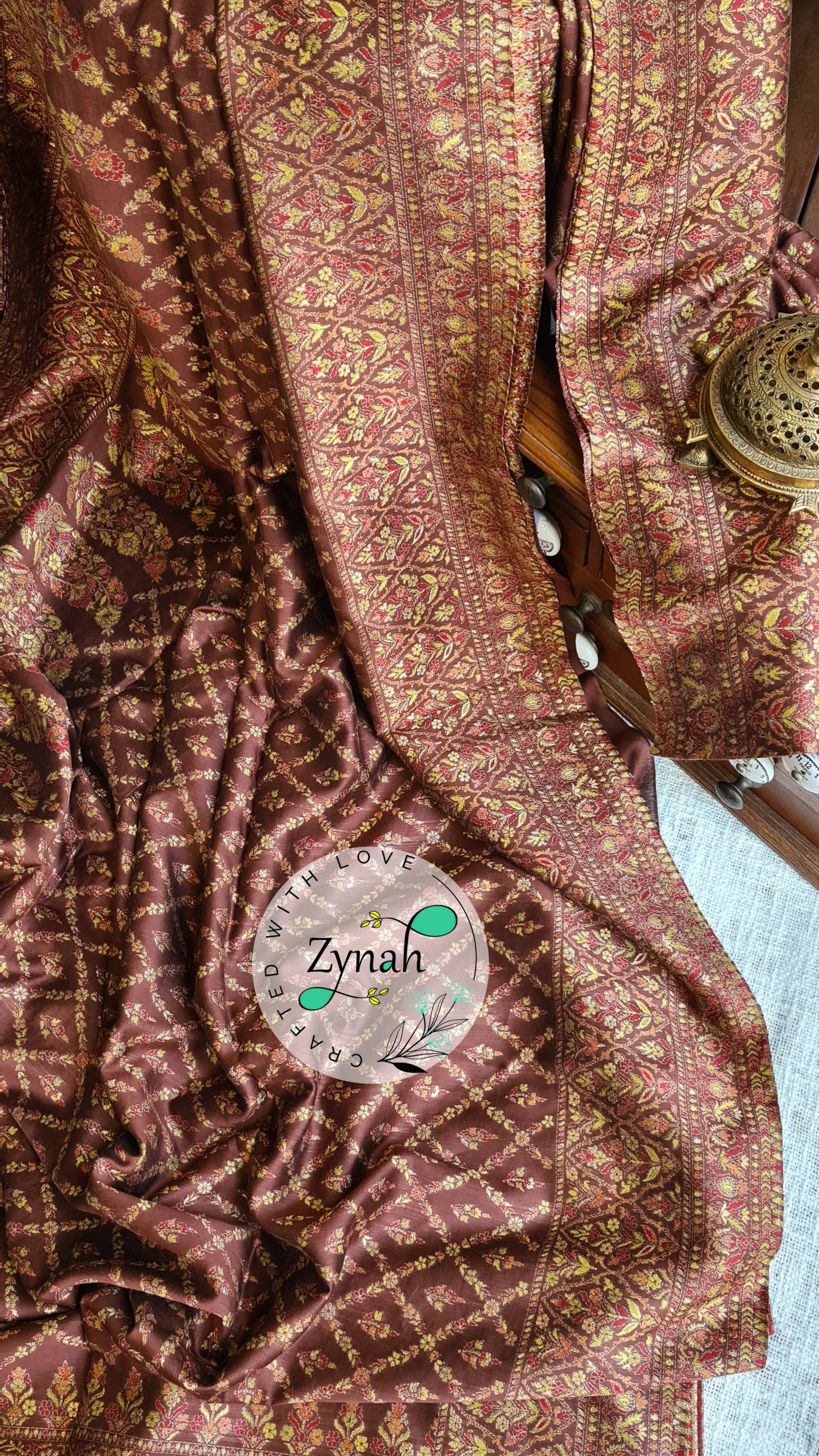 Zynah Pure Silk Kani Jamawar Style Saree with Grand Pallu & Border; Custom Stitched/Ready-made Blouse, Fall, Petticoat; Shipping available USA, Worldwide
