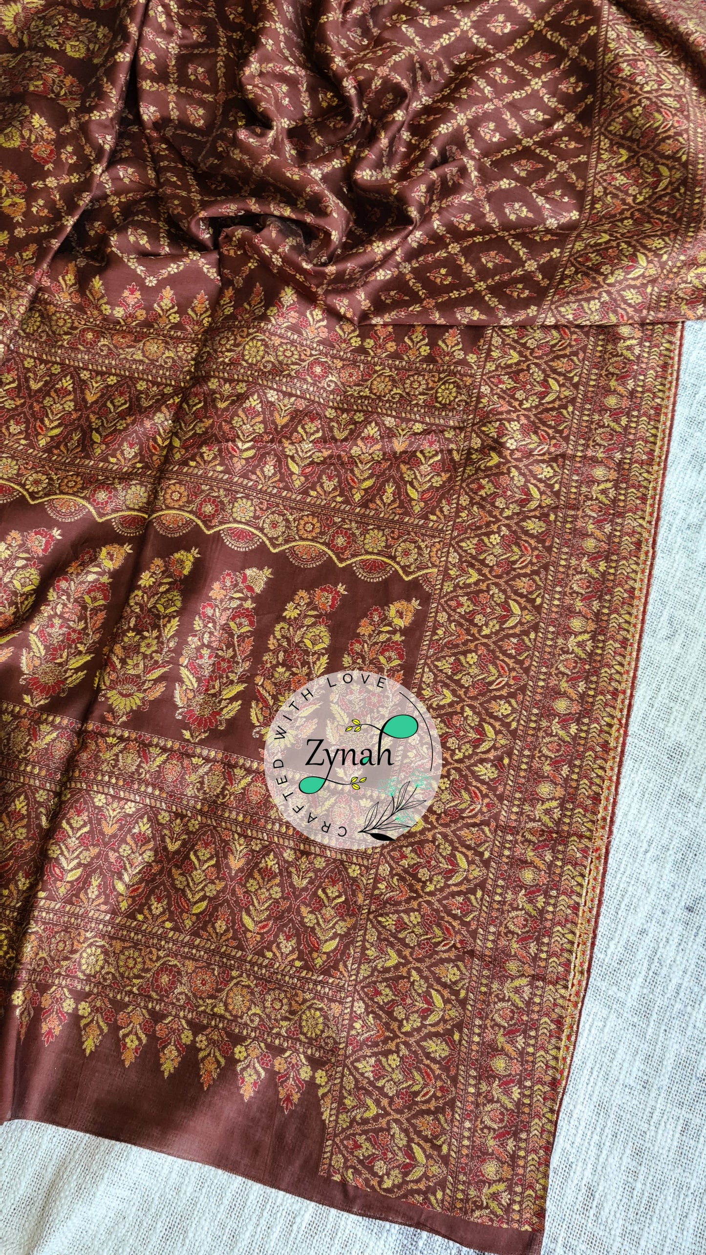 Zynah Pure Silk Kani Jamawar Style Saree with Grand Pallu & Border; Custom Stitched/Ready-made Blouse, Fall, Petticoat; Shipping available USA, Worldwide