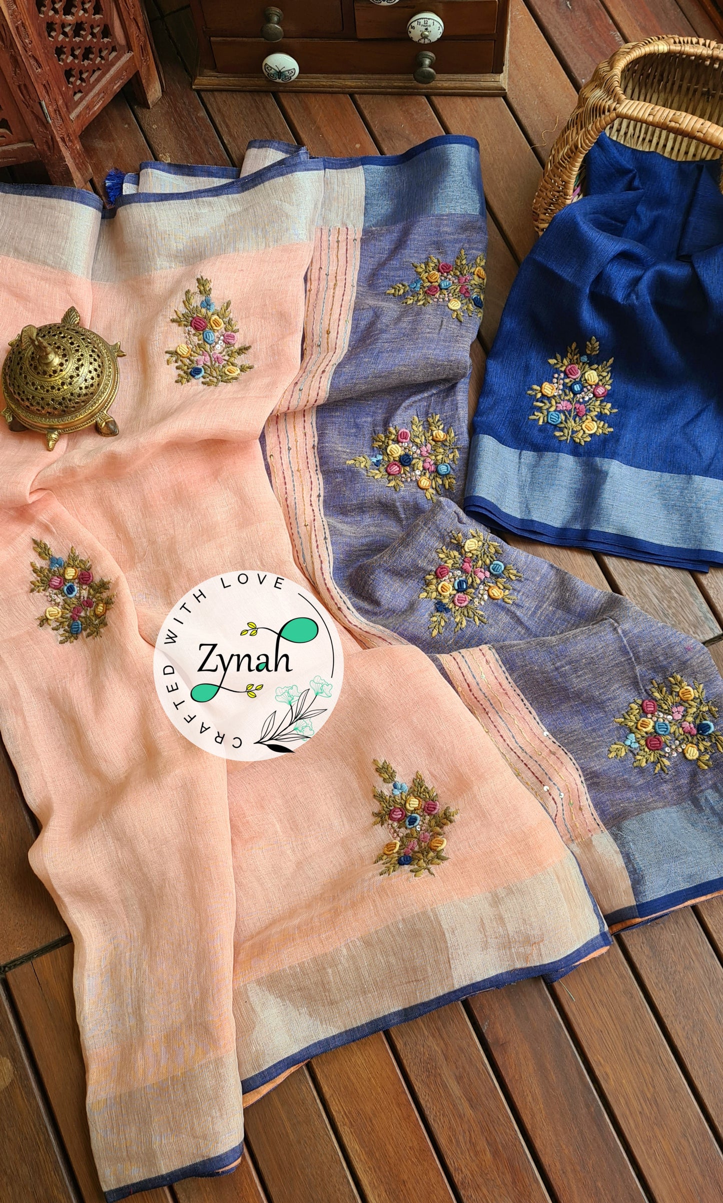 Zynah Pure Linen(120c) Handcrafted Saree with French Knot Hand Embroidery; Custom Stitched/Ready-made Blouse, Fall, Petticoat; Shipping available USA, Worldwide
