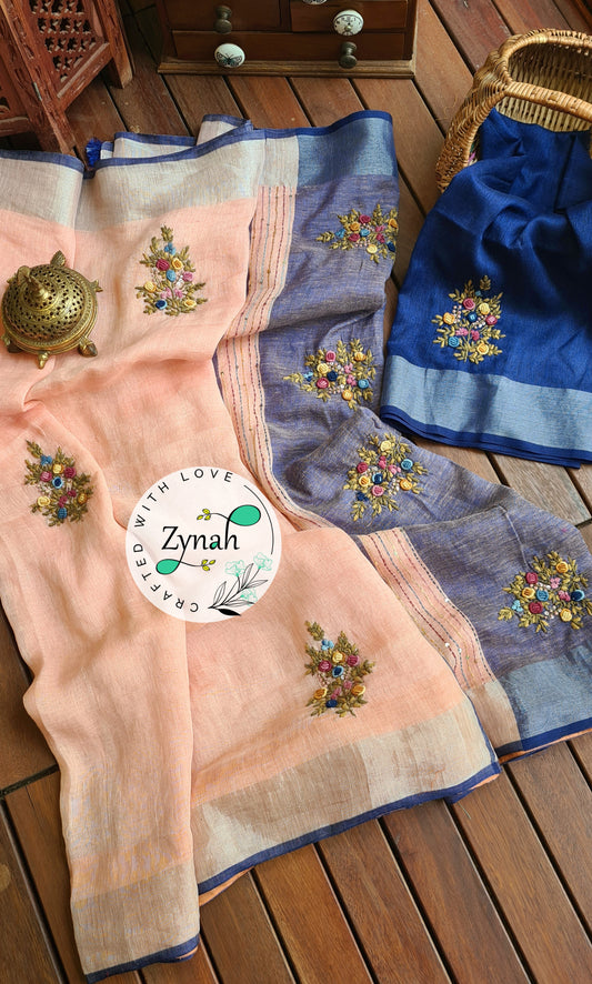 Zynah Pure Linen(120c) Handcrafted Saree with French Knot Hand Embroidery; Custom Stitched/Ready-made Blouse, Fall, Petticoat; Shipping available USA, Worldwide