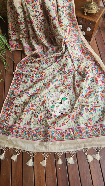Zynah Pure Tussar Silk Parsi work Inspired Saree, Flamingo Bird Motifs; Custom Stitched/Ready-made Blouse, Fall, Petticoat; Shipping available USA, Worldwide