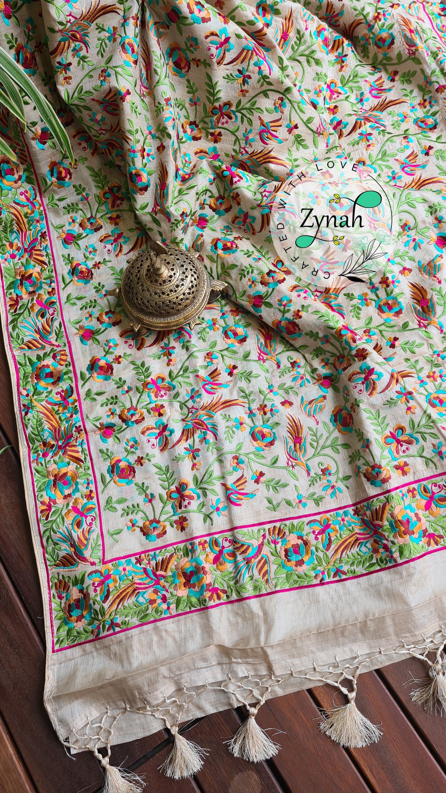 Zynah Pure Tussar Silk Parsi work Inspired Saree, Flamingo Bird Motifs; Custom Stitched/Ready-made Blouse, Fall, Petticoat; Shipping available USA, Worldwide