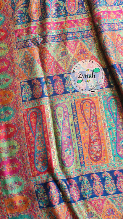 Zynah Blue & Orange Kashmiri Pure Kani Silk Jamavar Saree | Kashmiri Traditional Pashmina Pure Silk Kani Saree; Custom Stitched/Ready-made Blouse, Fall, Petticoat; SKU: 2103202201