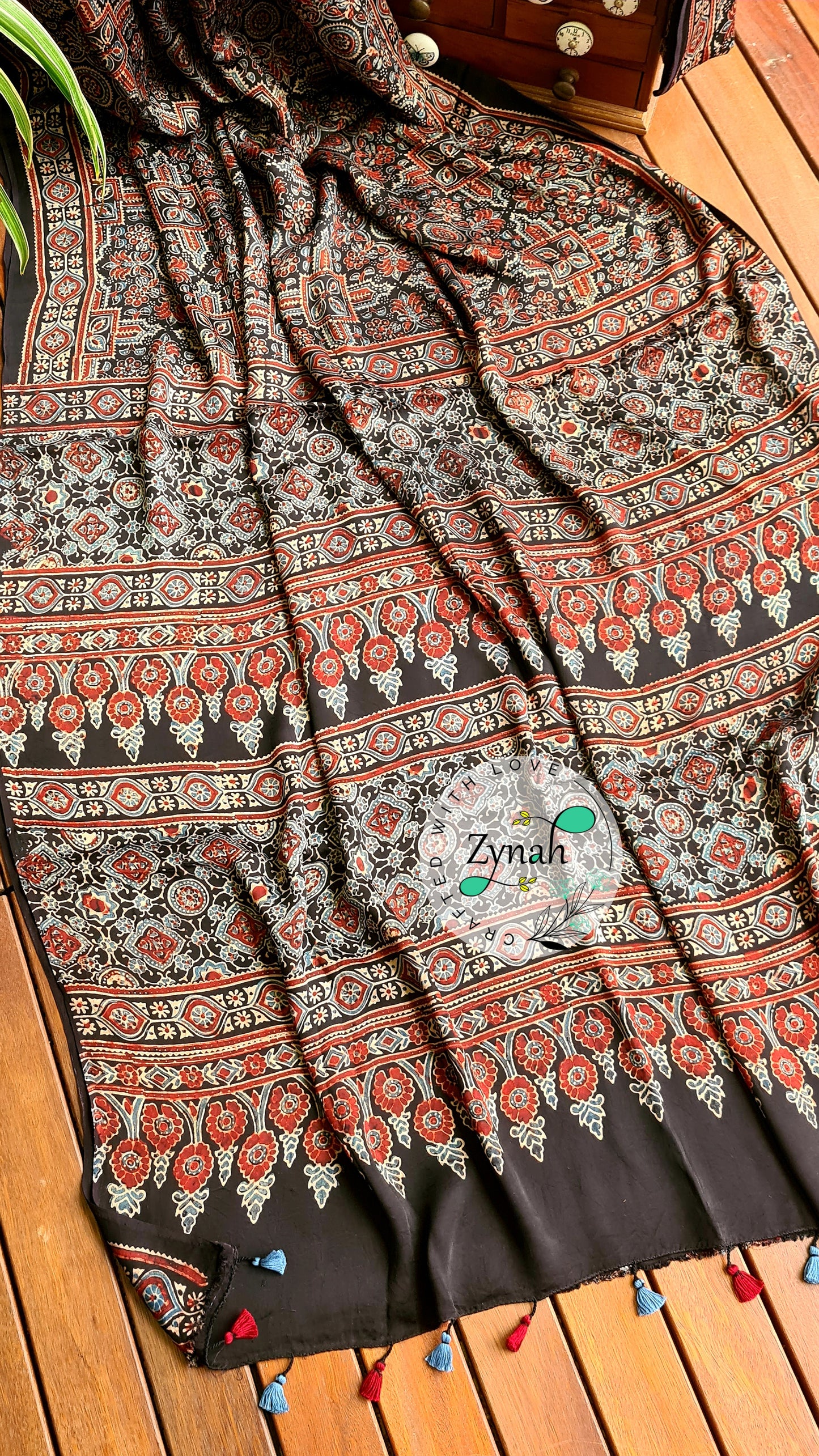Zynah Pure Modal Silk Ajrakh Saree with Handblock Prints; Custom Stitched/Ready-made Blouse, Fall, Petticoat; Shipping available USA, Worldwide