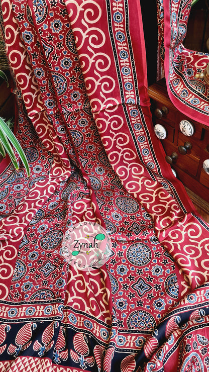 Zynah Pure Modal Silk Ajrakh Saree with Handblock Prints; Custom Stitched/Ready-made Blouse, Fall, Petticoat; Shipping available USA, Worldwide