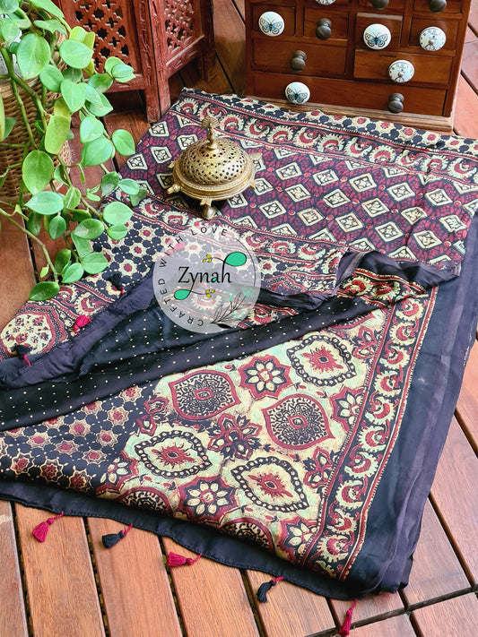Zynah Pure Modal Silk Ajrakh Saree with Handblock Prints; Custom Stitched/Ready-made Blouse, Fall, Petticoat; Shipping available USA, Worldwide