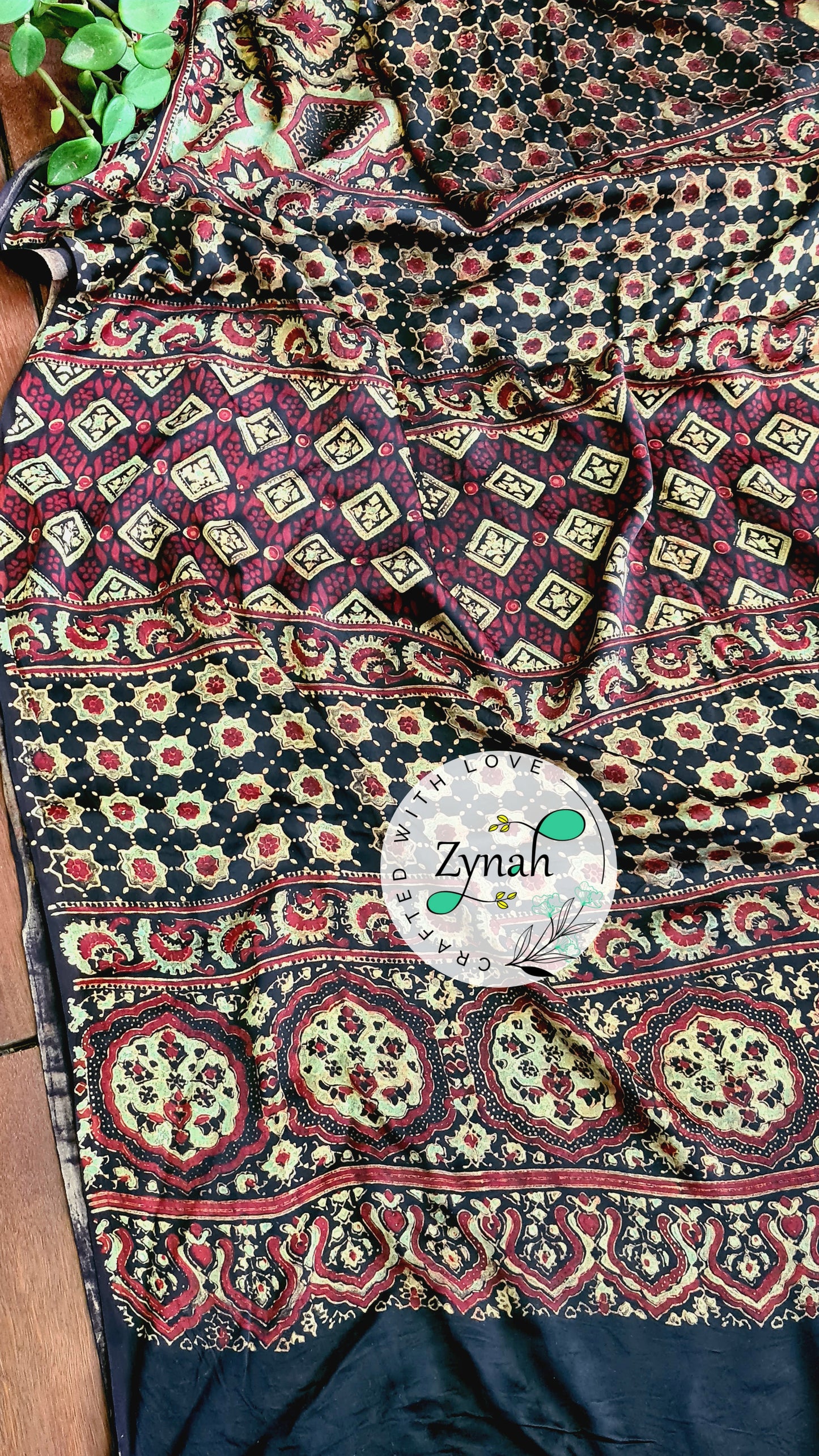 Zynah Pure Modal Silk Ajrakh Saree with Handblock Prints; Custom Stitched/Ready-made Blouse, Fall, Petticoat; Shipping available USA, Worldwide