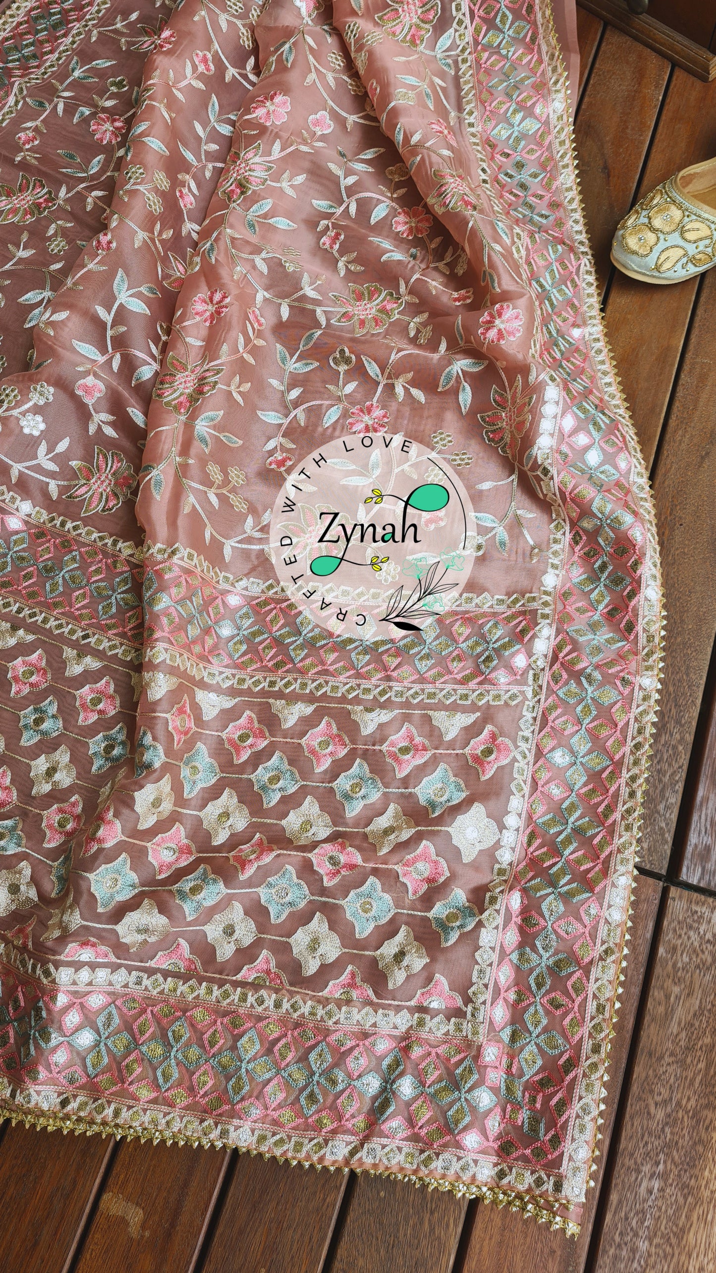 Zynah Pure Organza Silk Saree with Gotapatti Lace, Foil & Thread Embroidery Work; Custom Stitched/Ready-made Blouse, Fall, Petticoat; Shipping available USA, Worldwide