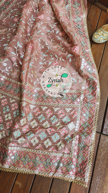 Zynah Pure Organza Silk Saree with Gotapatti Lace, Foil & Thread Embroidery Work; Custom Stitched/Ready-made Blouse, Fall, Petticoat; Shipping available USA, Worldwide