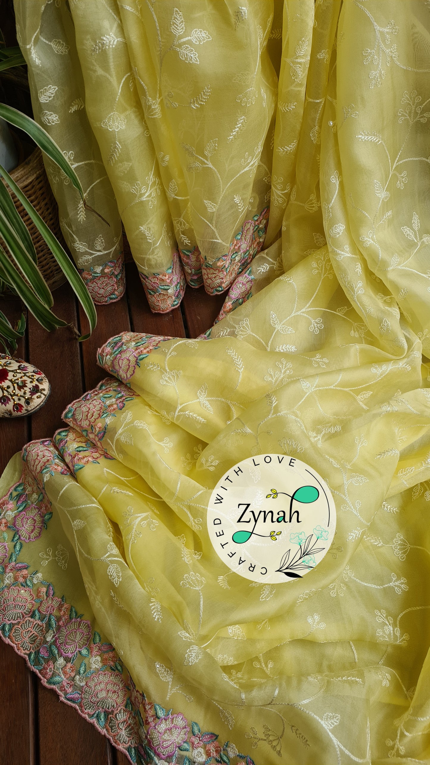 Zynah Pure Organza Silk Saree with Scalloped Border, Thread Embroidery & Sequence Work; Custom Stitched/Ready-made Blouse, Fall, Petticoat; Shipping available USA, Worldwide