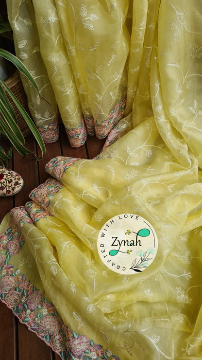 Zynah Pure Organza Silk Saree with Scalloped Border, Thread Embroidery & Sequence Work; Custom Stitched/Ready-made Blouse, Fall, Petticoat; Shipping available USA, Worldwide