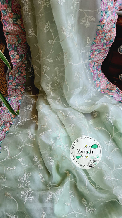 Zynah Pure Organza Silk Saree with Scalloped Border, Thread Embroidery & Sequence Work; Custom Stitched/Ready-made Blouse, Fall, Petticoat; Shipping available USA, Worldwide