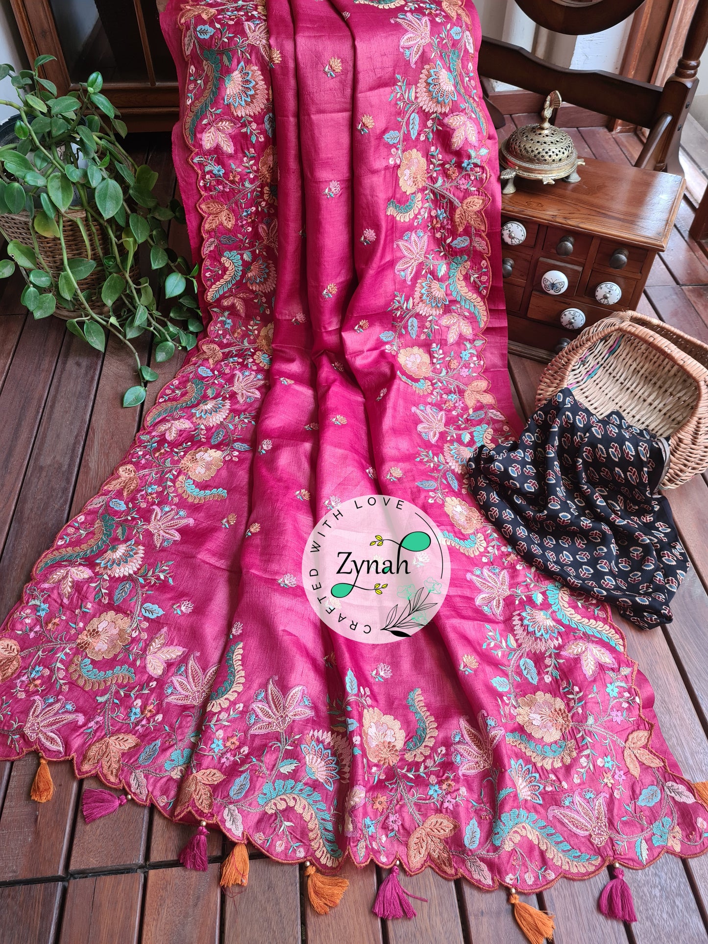 Zynah Pure Tussar Silk Embroidered Saree with Scalloped Border & 2 blouse pieces; Custom Stitched/Ready-made Blouse, Fall, Petticoat; Shipping available USA, Worldwide