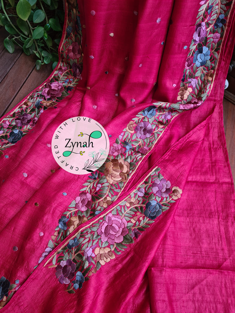 Zynah Made to Order Pure Tussar Silk Parsi Gara Handcrafted Saree; Custom Stitched/Ready-made Blouse, Fall, Petticoat; Shipping available USA, Worldwide