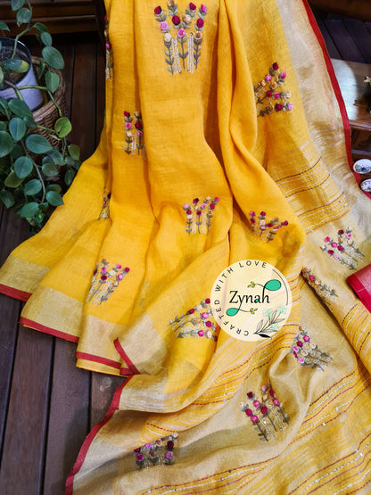 Zynah Pure Linen(120c) Handcrafted Saree with French Knot Hand Embroidery; Custom Stitched/Ready-made Blouse, Fall, Petticoat; Shipping available USA, Worldwide