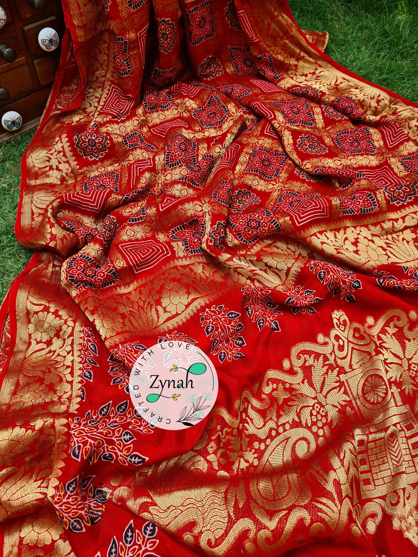 Zynah Pure Munga Silk Saree with Ajrakh Prints & Gharchola Zari Weave; Custom Stitched/Ready-made Blouse, Fall, Petticoat; Shipping available USA, Worldwide