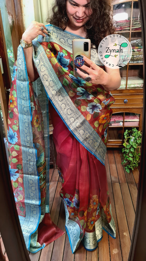 Zynah Pure Kora Silk Banarasi Saree with Hand-painted Kalamkari Designs, Zari Weave Border; Custom Stitched/Ready-made Blouse, Fall, Petticoat; Shipping available USA, Worldwide
