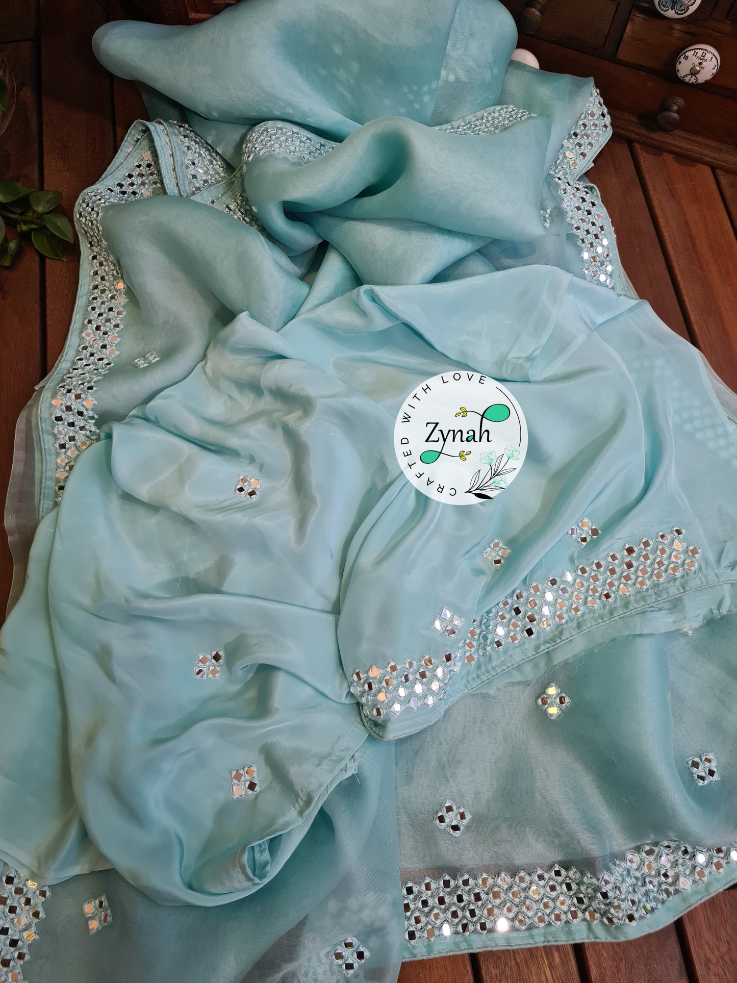 Zynah Pure Organza Silk Saree with Mirror Kutchi Work; Custom Stitched/Ready-made Blouse, Fall, Petticoat; Shipping available USA, Worldwide