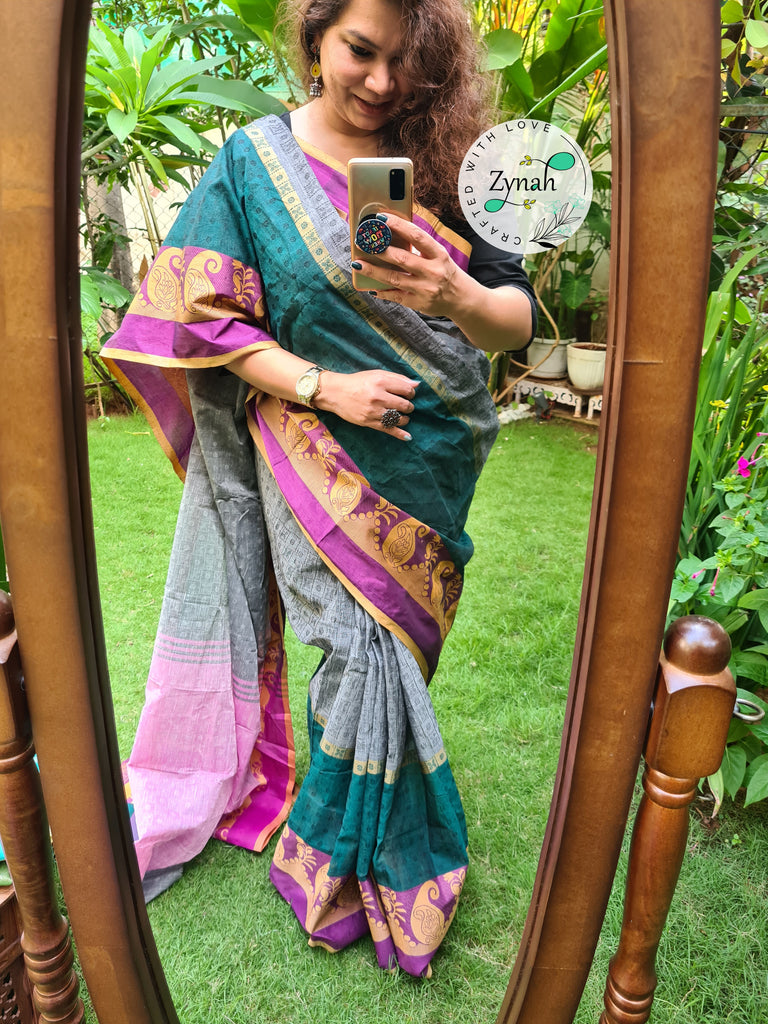 Zynah Grey Color Pure Handspun Cotton Saree with Zari Weave Border; Custom Stitched/Ready-made Blouse, Fall, Petticoat; Shipping available USA, Worldwide