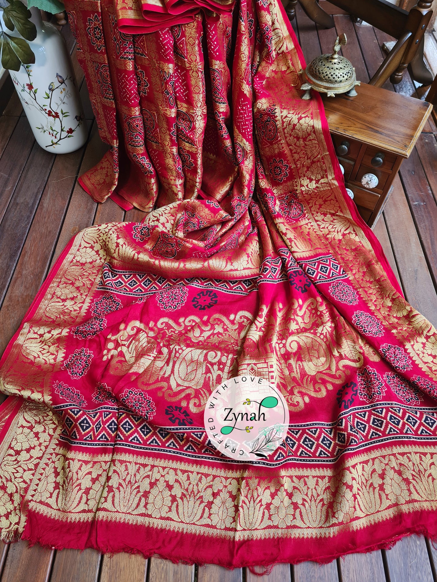 Zynah Pure Munga Silk Saree with Ajrakh Prints & Gharchola Zari Weave; Custom Stitched/Ready-made Blouse, Fall, Petticoat; Shipping available USA, Worldwide