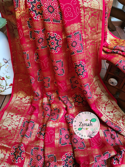 Zynah Pure Munga Silk Saree with Ajrakh Prints & Gharchola Zari Weave; Custom Stitched/Ready-made Blouse, Fall, Petticoat; Shipping available USA, Worldwide