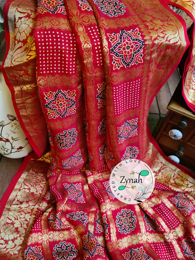 Zynah Pure Munga Silk Saree with Ajrakh Prints & Gharchola Zari Weave; Custom Stitched/Ready-made Blouse, Fall, Petticoat; Shipping available USA, Worldwide