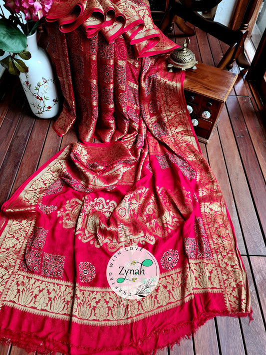 Zynah Pure Munga Silk Saree with Ajrakh Prints & Gharchola Zari Weave; Custom Stitched/Ready-made Blouse, Fall, Petticoat; Shipping available USA, Worldwide