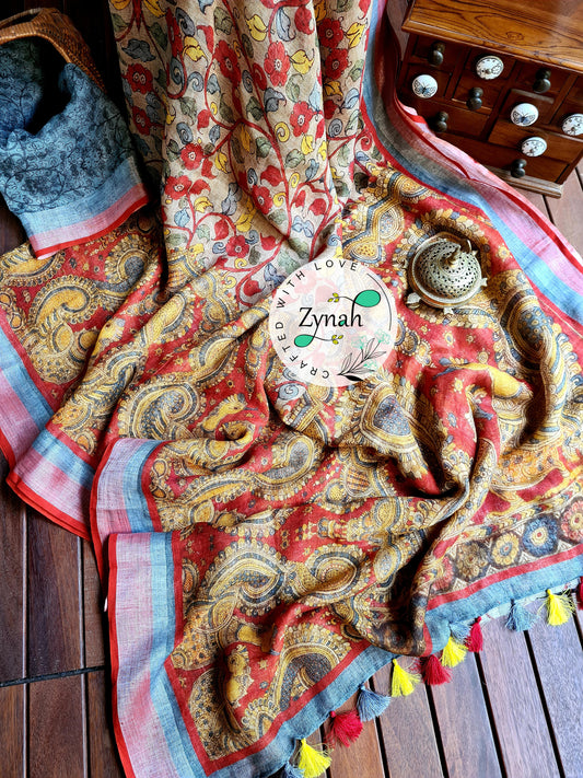 Zynah Beige Color Kalamkari Organic Lab Tested 120 Count pure 'Linen by Linen' Saree; Custom Stitched/Ready-made Blouse, Fall, Petticoat; Shipping available USA, Worldwide
