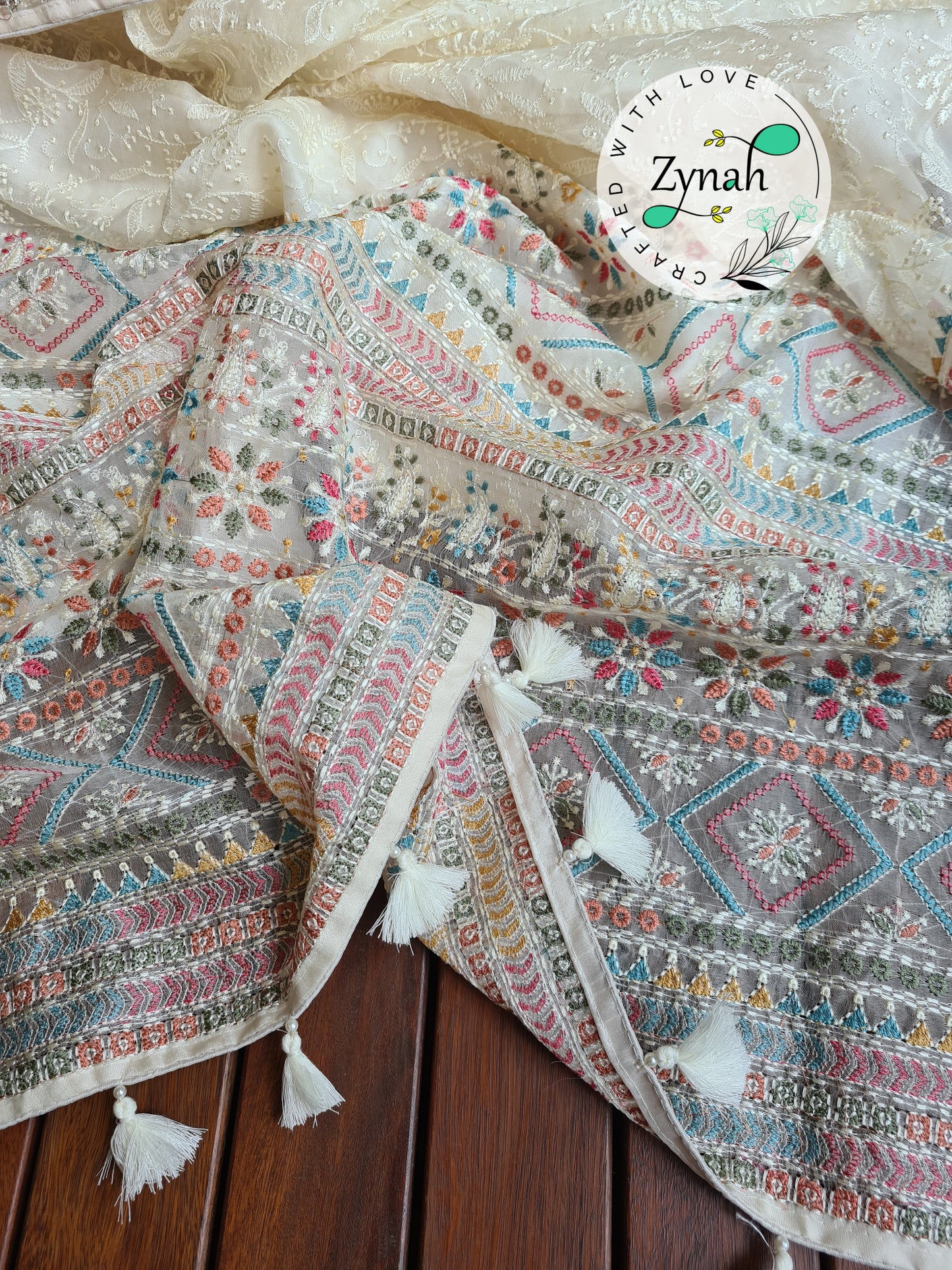 Zynah Off-white Color Pure Organza Silk Saree with Kantha Style Embroidery; Custom Stitched/Ready-made Blouse, Fall, Petticoat; Shipping available USA, Worldwide