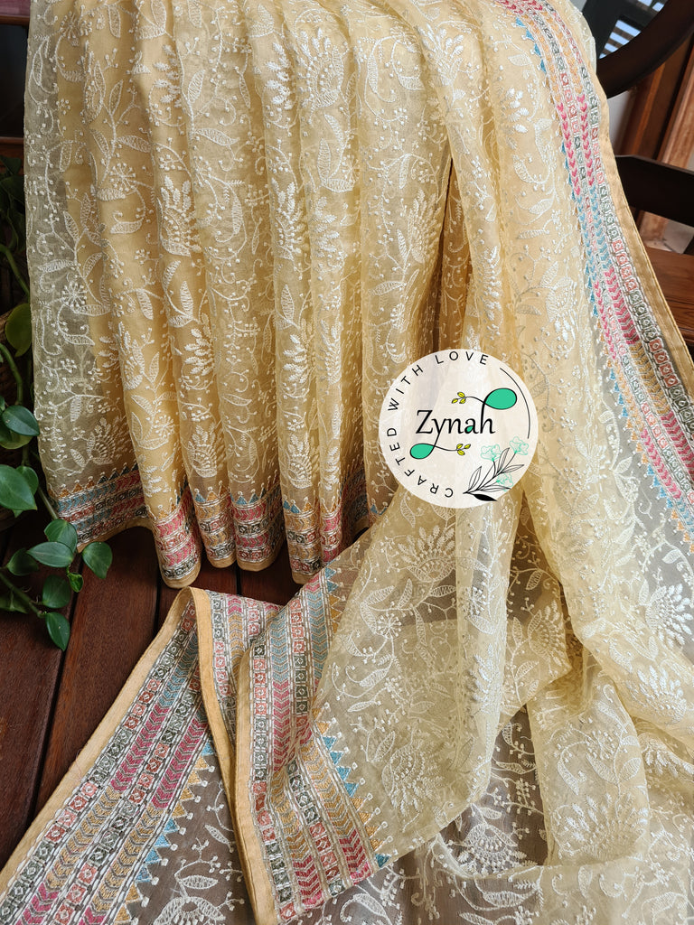 Zynah Butterscotch Yellow Color Pure Organza Silk Saree with Kantha Style Embroidery; Custom Stitched/Ready-made Blouse, Fall, Petticoat; Shipping available USA, Worldwide