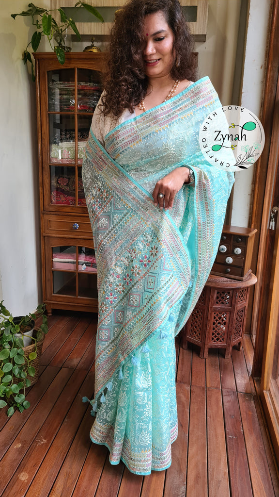 Zynah Powder Blue Color Pure Organza Silk Saree with Kantha Stitch & Chikankari Inspired Embroidery; Custom Stitched/Ready-made Blouse, Fall, Petticoat; Shipping available USA, Worldwide