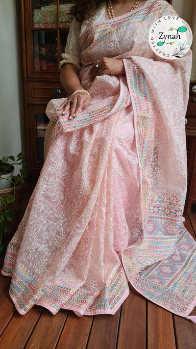 Zynah Pure Organza Silk Saree with Kantha Style Embroidery; Custom Stitched/Ready-made Blouse, Fall, Petticoat; Shipping available USA, Worldwide