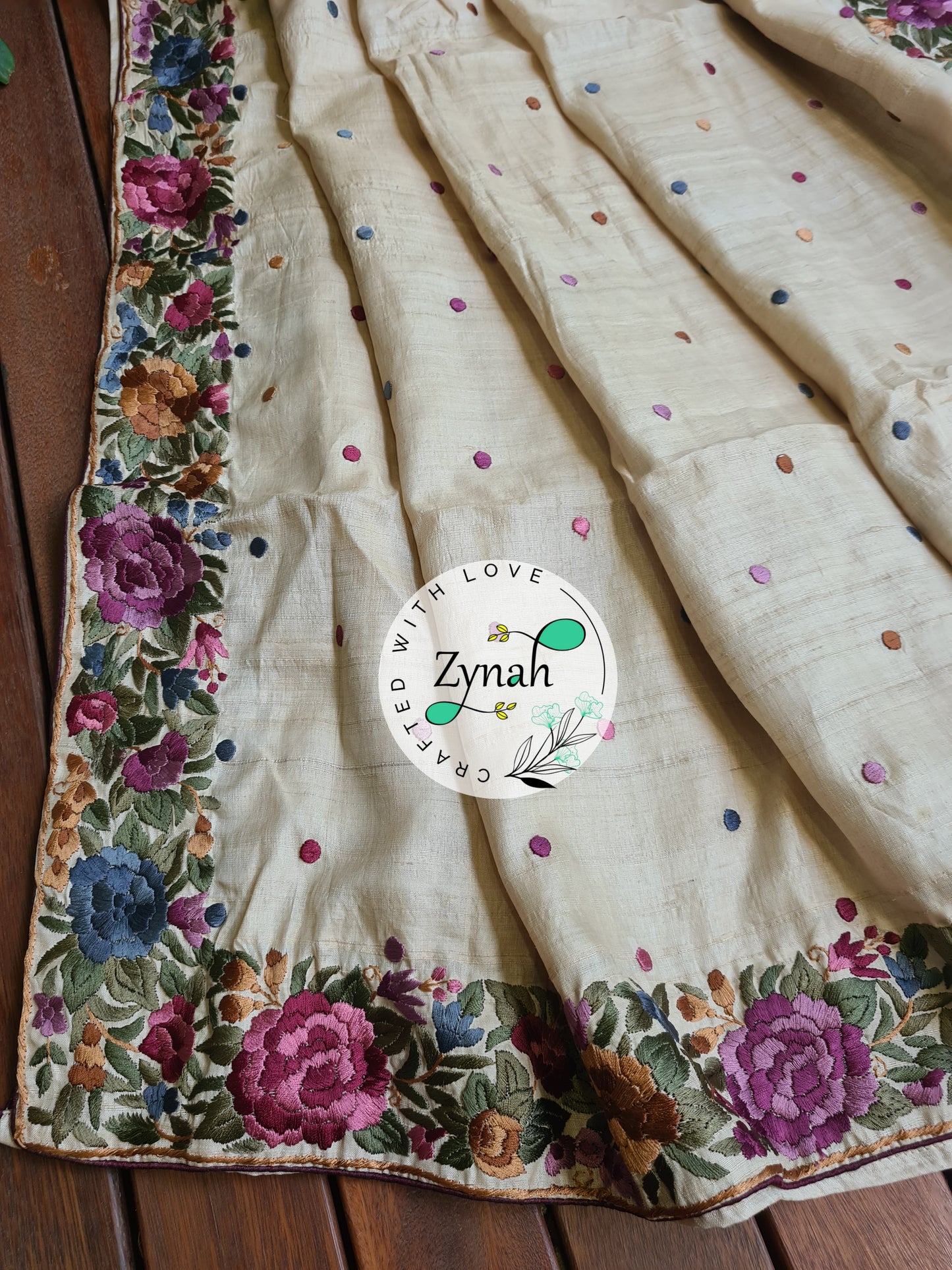 Zynah Off-white Color Made to Order Pure Tussar Silk Parsi Gara Handcrafted Saree; Custom Stitched/Ready-made Blouse, Fall, Petticoat; Shipping available USA, Worldwide