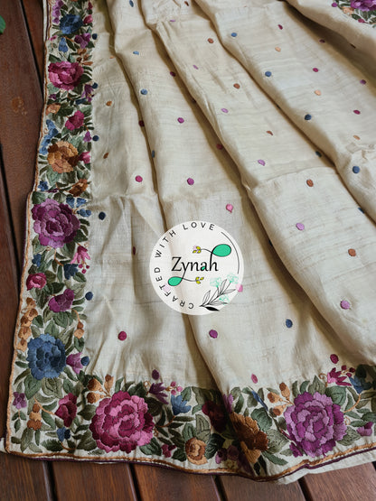 Zynah Off-white Color Made to Order Pure Tussar Silk Parsi Gara Handcrafted Saree; Custom Stitched/Ready-made Blouse, Fall, Petticoat; Shipping available USA, Worldwide