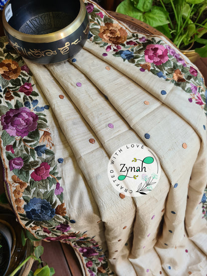 Zynah Off-white Color Made to Order Pure Tussar Silk Parsi Gara Handcrafted Saree; Custom Stitched/Ready-made Blouse, Fall, Petticoat; Shipping available USA, Worldwide
