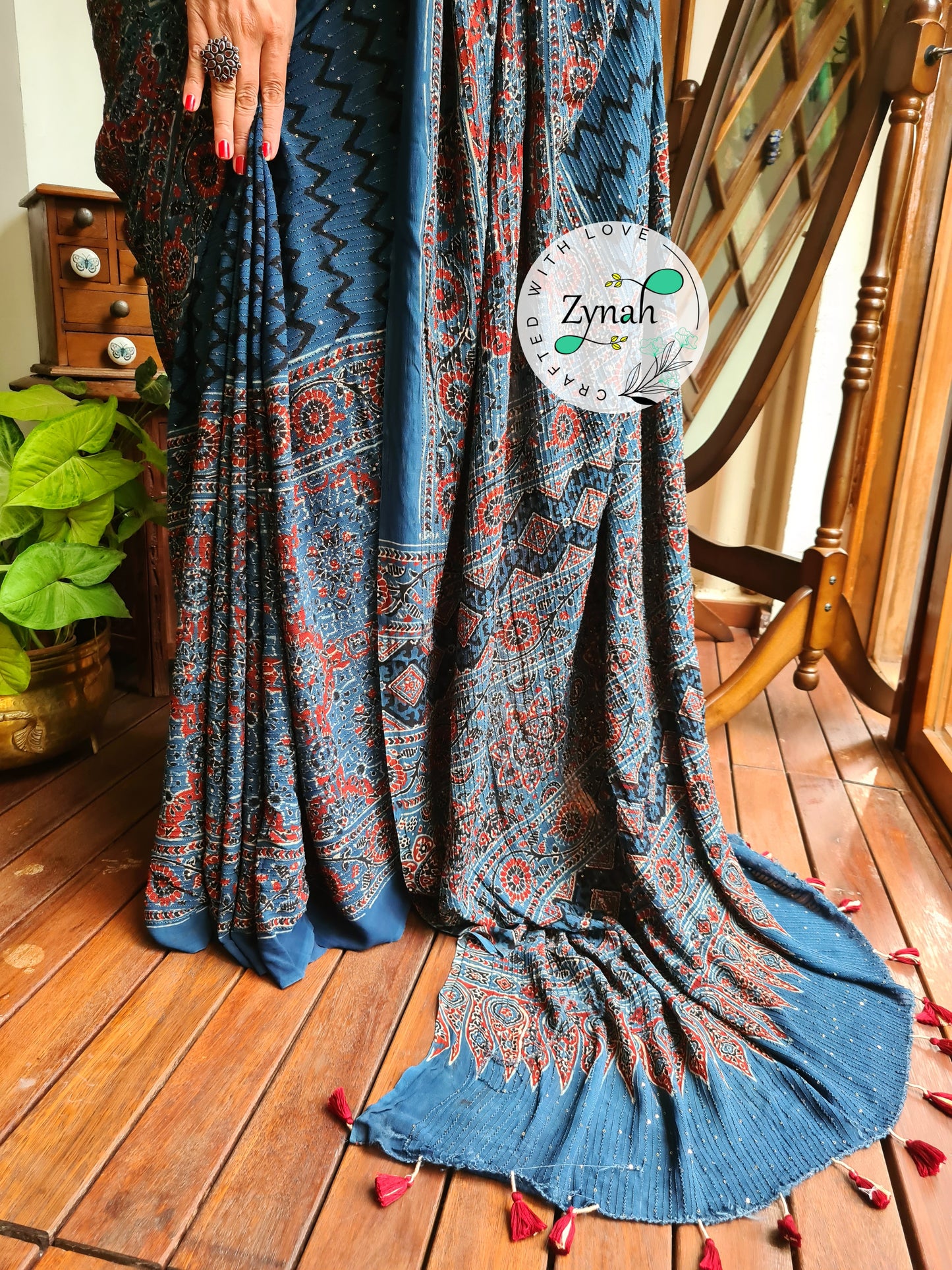 Zynah Blue Color Pure Georgette Sequence Work Saree with Ajrakh Handblock Prints; Custom Stitched/Ready-made Blouse, Fall, Petticoat; Shipping available USA, Worldwide