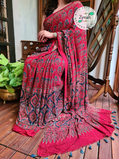 Zynah Red Color Pure Georgette Sequence Work Saree with Ajrakh Handblock Prints; Custom Stitched/Ready-made Blouse, Fall, Petticoat; Shipping available USA, Worldwide