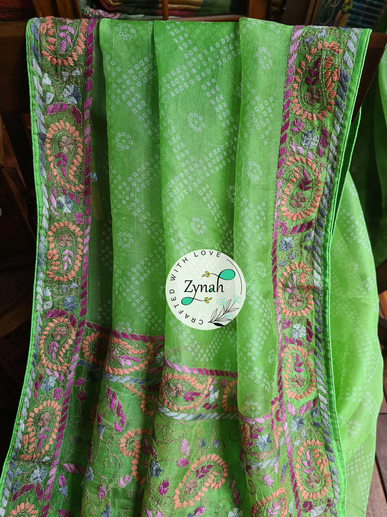 Zynah Light Green Color Pure Organza Silk Saree with Bandhani Prints & Kantha Embroidery; Custom Stitched/Ready-made Blouse, Fall, Petticoat; Shipping available USA, Worldwide